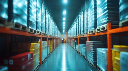 Obraz premium modern industrial warehouse interior with shelves full of wrapped goods and boxes reflecting the overhead lighting creating symmetry perspective