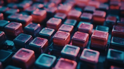 Obraz premium Abstract close-up of metallic cubes with pink and teal lighting.