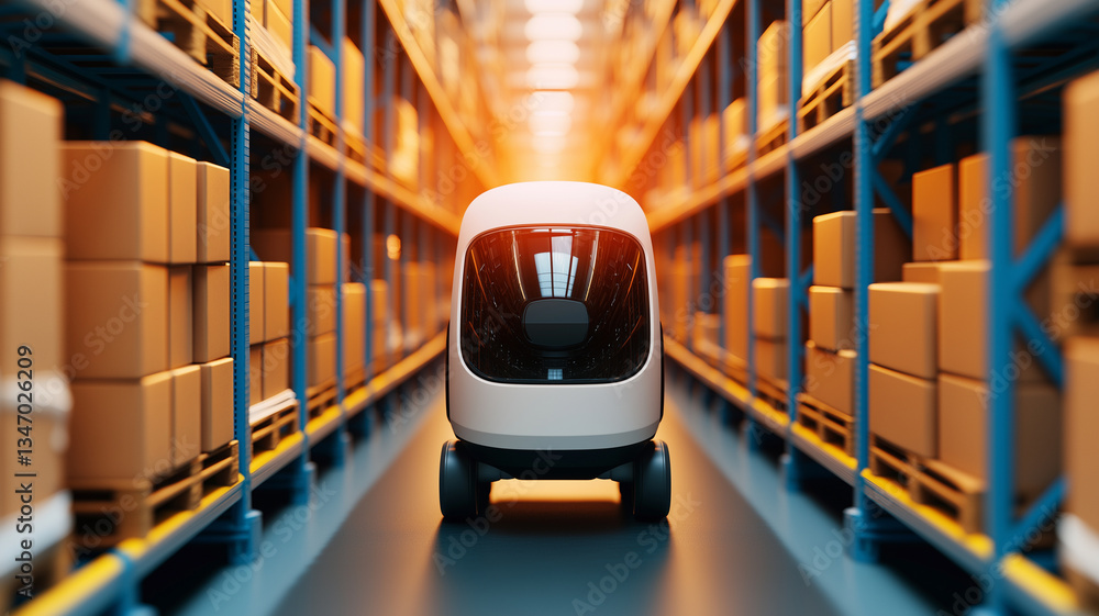 Poster self driving cargo robot navigates through warehouse filled with stacked boxes, showcasing advanced 