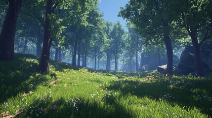 Fototapeta premium Immersive View of a Vibrant Forest – A Lush Green Landscape Filled with Tall Trees, Where Viewers Can Experience the Beautiful Interplay