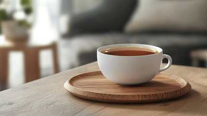 Obraz premium A cup of tea in a white ceramic mug on a wooden plate