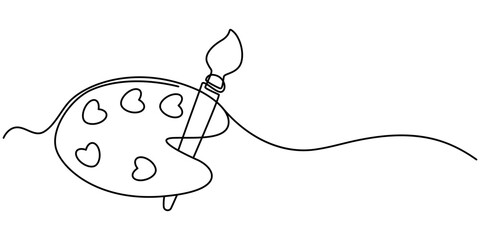 A single line drawing of a palette. Continuous line coloring palette icon. One Art brushes, palette and tubes of paints, drawn with continuous line in minimalism, abstrane icon. Vector illustration. 