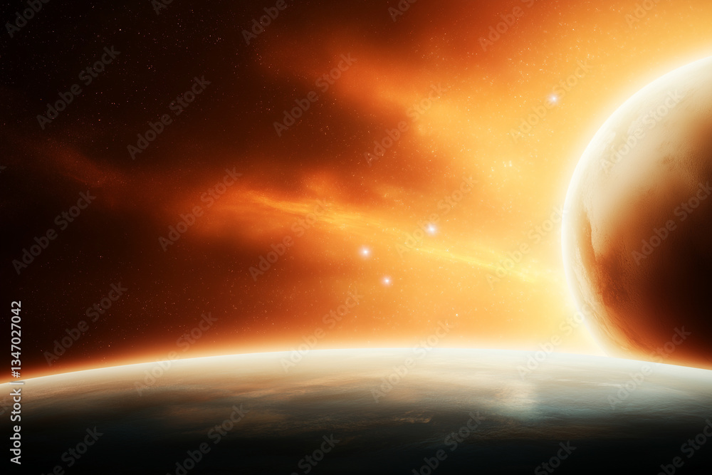 Aufkleber stunning cosmic scene featuring distant planet illuminated by warm orange glow, with starry backgrou