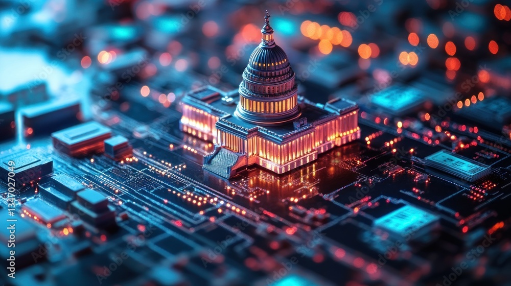 Poster digital rendition of a governmental building atop a complex circuit board highlighting technological