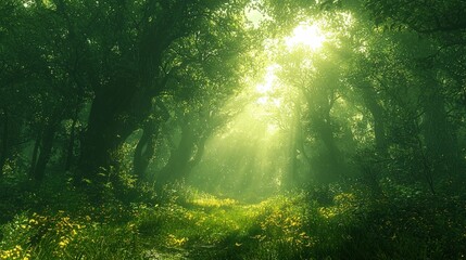 Obraz premium Sunlit forest path, green canopy, yellow wildflowers