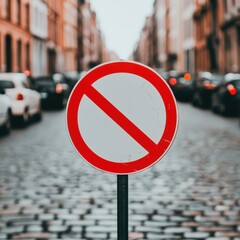 no parking sign with red circle and slash placed on cobblestone street in urban area