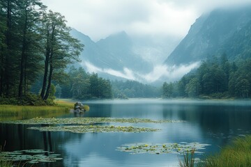 Naklejka premium Misty mountain lake, serene water lilies, tranquil landscape.