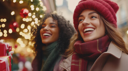 Joyful women friends enjoying a Christmas shopping spree for gifts during a festive holiday sale. A cheerful shopping