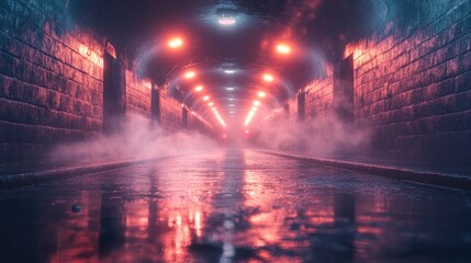 Neon-lit tunnel, wet path, fog, city background, urban scene