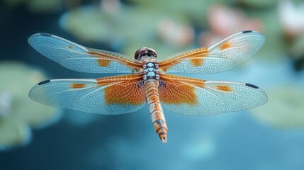 Close-up of a vibrant dragonfly in flight above a blurred water backdrop.