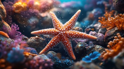 Vibrant orange starfish on ocean floor among colorful coral and seashells.