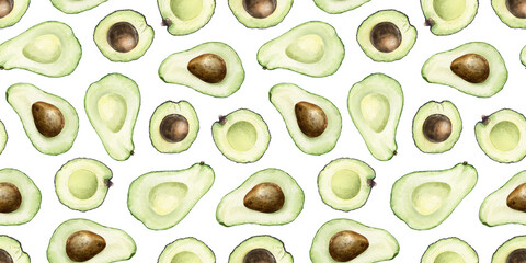 Avocado halves fruits. Hand drawn watercolor seamless patterns. Repetitive background of ripe avocado Vegetables for menu, packaging of food, cosmetics, fabrics, cards, recipe