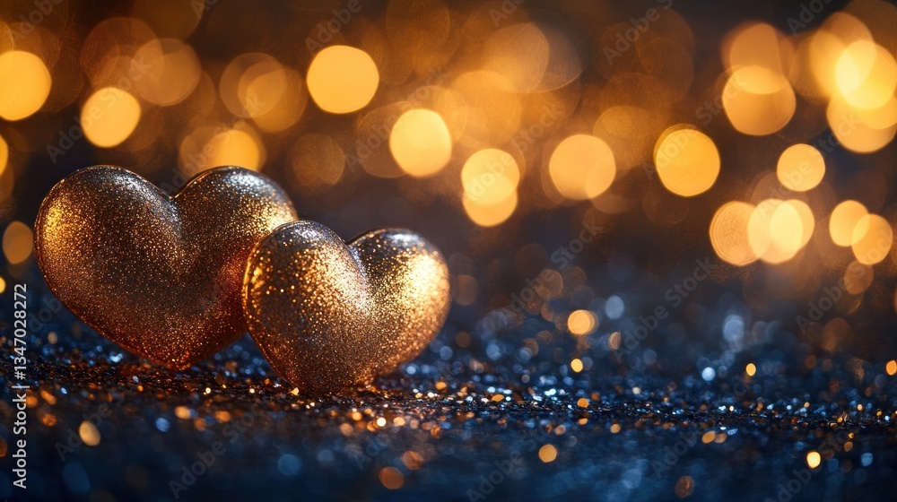 Poster shimmering golden hearts on a field of dark blue glitter with bokeh lights illuminating a romantic a