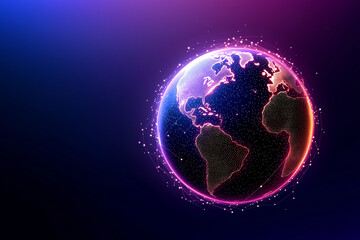 Obraz premium vibrant digital globe with glowing continents and network of connections, set against gradient background. This evokes sense of global connectivity and technological advancement