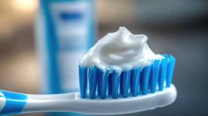 Close up of blue toothbrush with white toothpaste