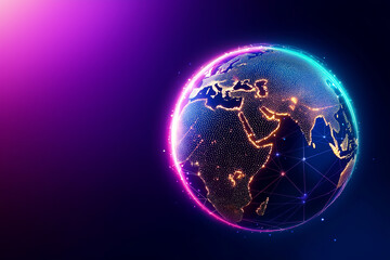 Fototapeta premium vibrant digital globe showcasing network of glowing connections across continents, emphasizing beauty of Earth with futuristic touch. colors blend seamlessly, creating engaging visual experience