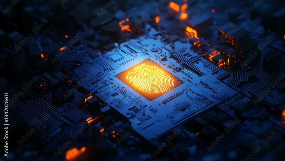 Poster fingerprint glowing on computer microchip,