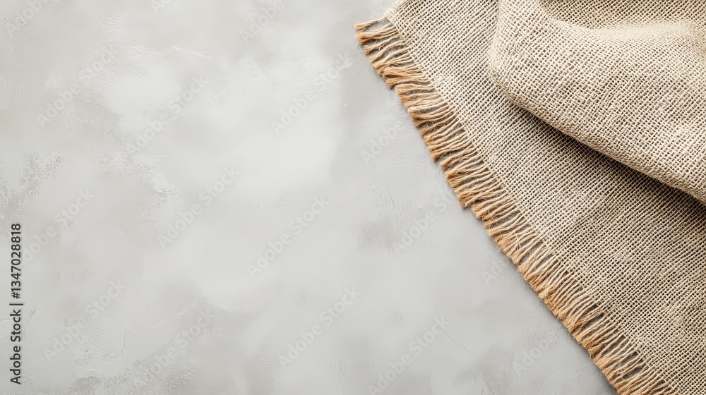 Aufkleber a textured, neutral-toned fabric with fringed edges rests on a smooth, light surface, creating a coz