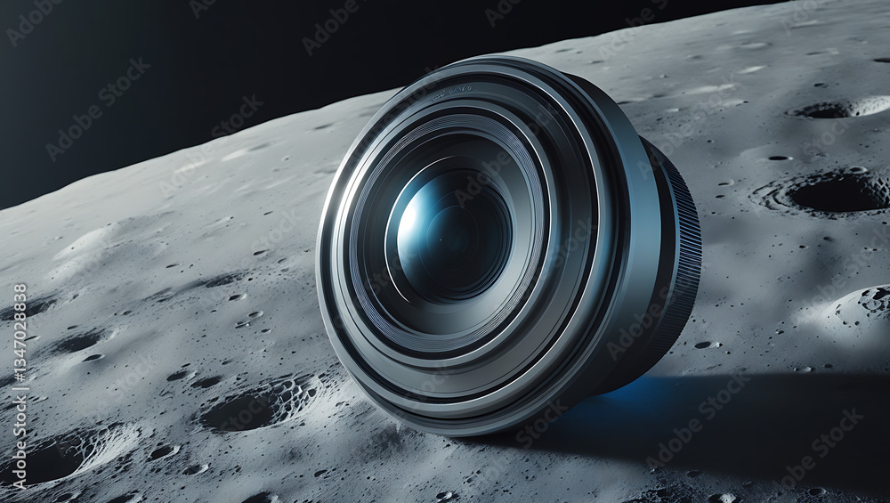 Poster lunar lens: an abstract depiction of a camera lens resting on the surface of the moon, merging techn