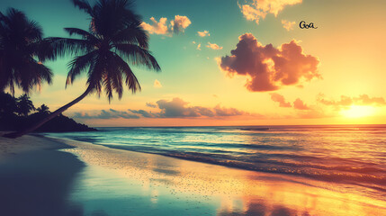 Golden Hour: A vibrant coastal scene unfolds at dusk, where silhouettes of palm trees stand tall. The sand gleams.