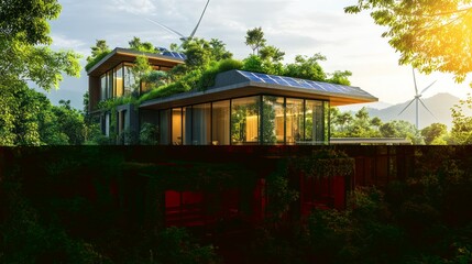 Eco-friendly home nestled in lush forest with solar panels and wind turbines