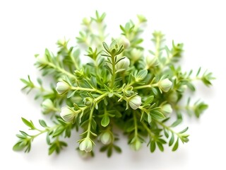 Obraz premium Fresh Thyme Herb Bundle on White Background. Close-up of Green Thyme Leaves, Culinary and Cooking Ingredient, Kitchen Herbs, Spices, Flavorful.