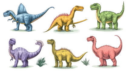 This artwork features a vibrant assortment of dinosaur species, each illustrated in unique colors and designs