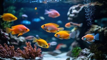 Naklejka premium captivating aquarium scene showcasing vibrant golden severum fishes swimming gracefully amidst underwater flora and oxygen bubbles for aquatic bliss