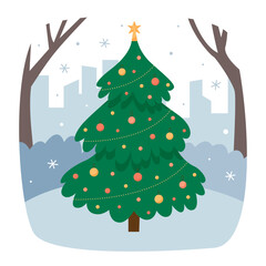 Christmas concept. Winter scene with a decorated Christmas tree in the public park. Merry Christmas and a happy new year. Vector flat illustraton.