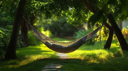 A comfortable hammock tucked between vibrant green trees, evoking a sense of relaxation and tranquility
