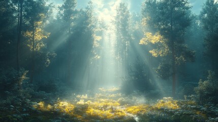 Fototapeta premium Sunbeams illuminate a mystical forest path through misty pines and wildflowers.
