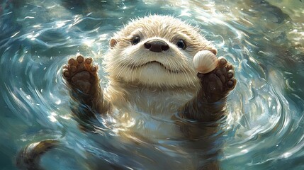 Fototapeta premium A cute otter floats on its back in clear water, holding a seashell in its paws. Its soft, damp fur and sparkling eyes exude joy. 