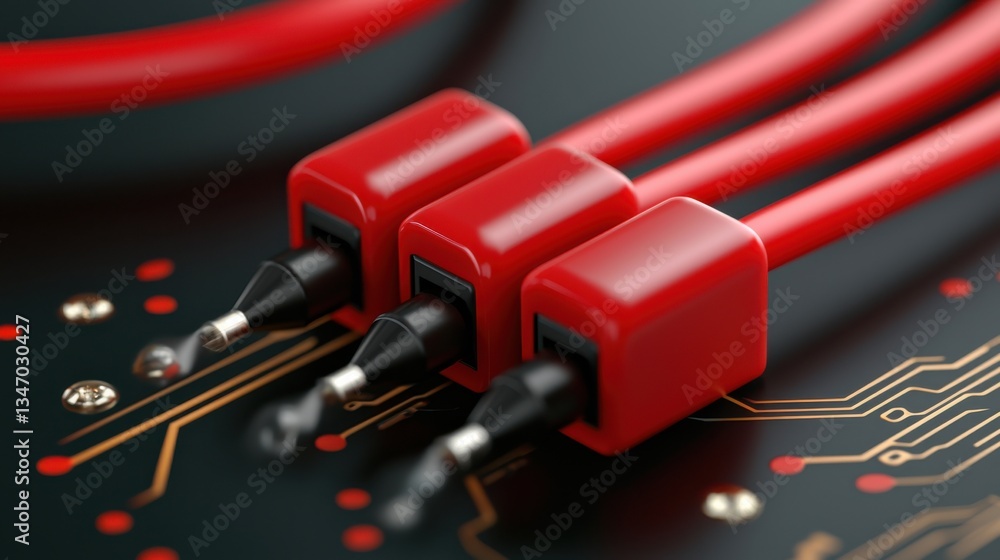 Poster red connectors on dark circuit board close up technology image
