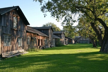 Obraz premium Rustic wooden buildings in a grassy field under a tree. Possible use Stock photo for historical tourism or rural lifestyle