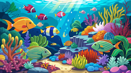 Coral reef underwater panorama with school of colorful tropical fish