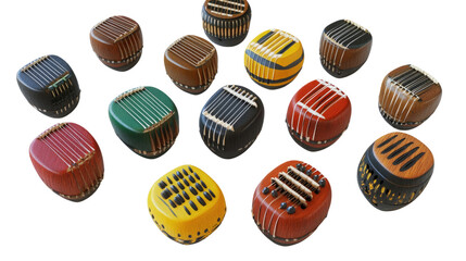 Obraz premium A collection of traditional instruments showcases diverse designs and colors. Each instrument features unique patterns and textures, highlighting cultural craftsmanship and musical heritage