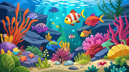 Coral reef underwater panorama with school of colorful tropical fish