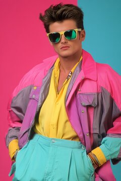 Stylish man wearing 80s and 90s fashion posing on