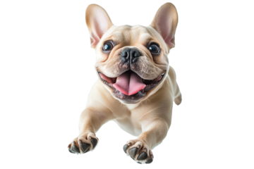 A happy French bulldog leaps joyfully, displaying an enthusiastic expression. Its ears perk up, and its tongue hangs out, radiating playful energy and delight