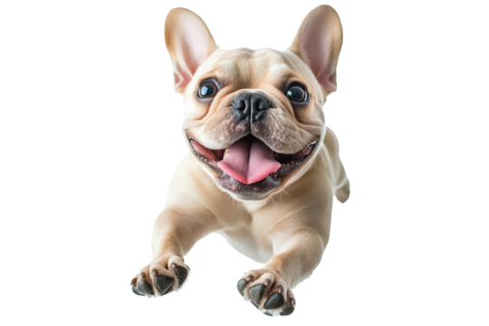 A happy French bulldog leaps joyfully, displaying an enthusiastic expression. Its ears perk up, and its tongue hangs out, radiating playful energy and delight
