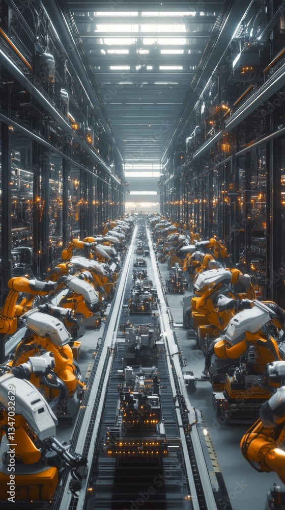 Poster robotic arms working on assembly line in modern