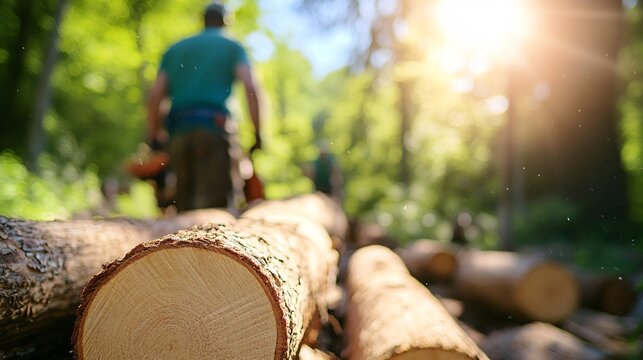 Sustainable Timber Extraction in a Remote Ancient Forest: Workers Using Chainsaws and Ropes to Harvest Raw Timber Logs