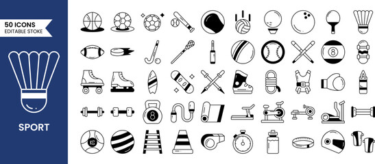 Sport icons set in line style. Containing baseball, basketball, soccer, golf, Ping Pong and more. Vector illustration