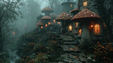 Obraz premium Enchanting mushroom village nestled in misty forest