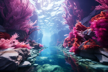 ethereal realm beneath frozen expanse of glaciers, where vibrant ecosystems thrive and polar marine life dances amidst unique and features