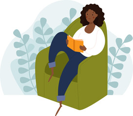 A cute african girl in a white sweater sits in a green chair and reads a book. Vector flat illustration.Web