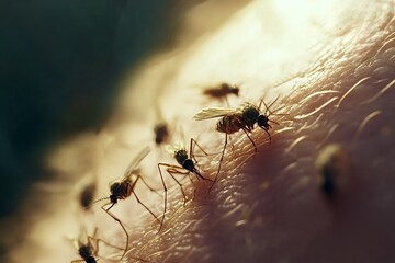 Naklejka premium Mosquitoes are biting human skin, potentially transmitting diseases like malaria, dengue fever, and zika virus, highlighting the importance of mosquito control and protection