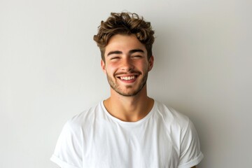 Fototapeta premium Portrait of a handsome young man in white t shirt smiling while standing against white background