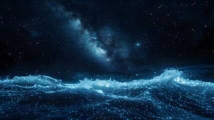 Obraz premium Dark sand beach illuminated by glowing bioluminescent waves under a bright Milky Way