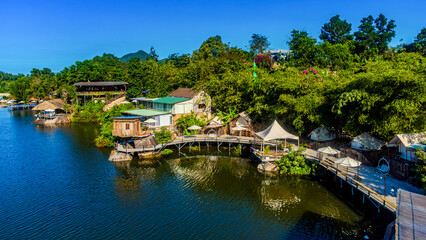 Fototapeta premium Camping camp on the lake. A theme park with photo zones and photo decorations in the suburbs of Nha Trang, Vietnam. 